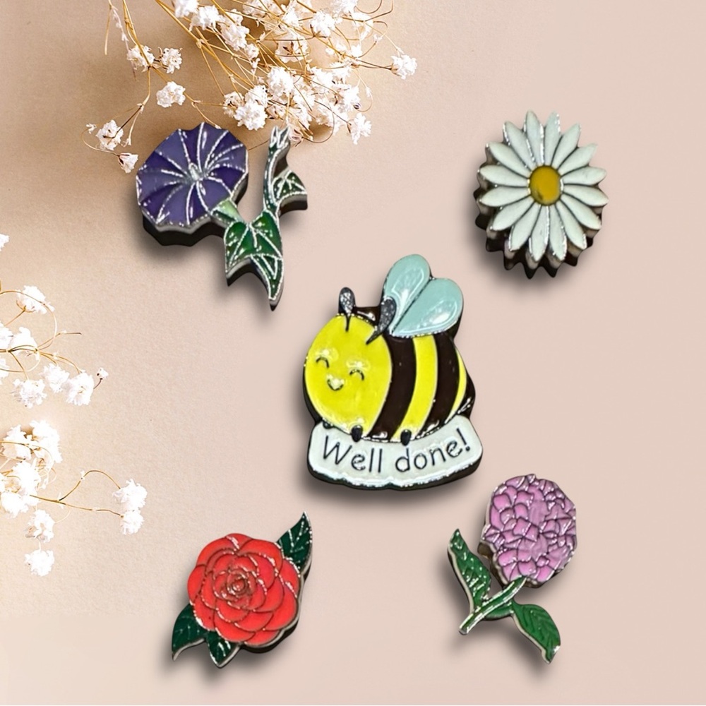 Bee & Floral Enamel Pin Set - 5pc Motivational Bumblebee & Garden Flower Pins